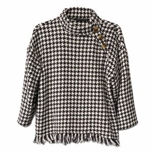 Zara Knit Mock Neck Houndstooth Button Pullover Sweater